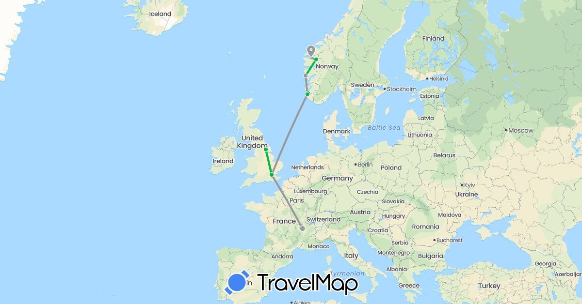 TravelMap itinerary: driving, bus, plane in France, United Kingdom, Norway (Europe)